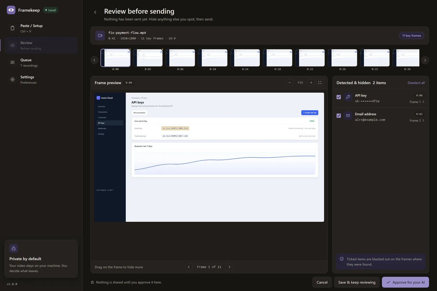 The review screen: a frame from a recording with detected items listed beside it, each one ticked or unticked before anything is approved.