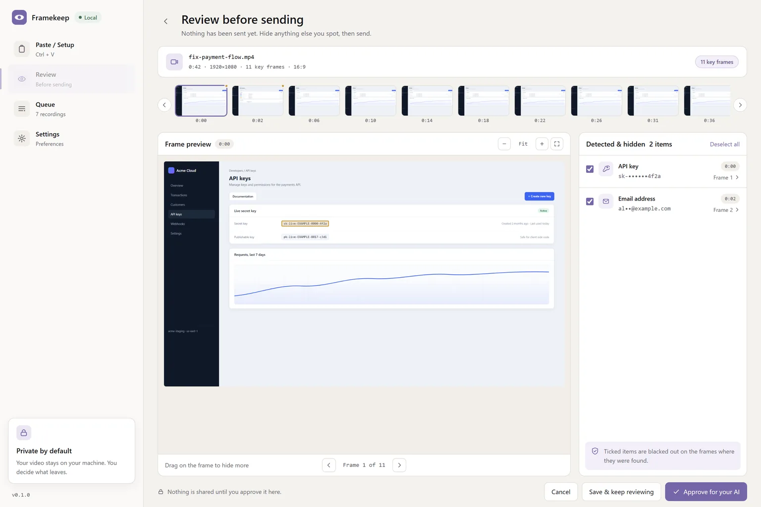 The review screen: a frame from a recording with detected items listed beside it, each one ticked or unticked before anything is approved.